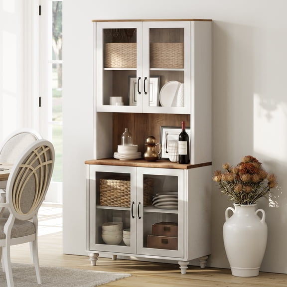 Sideboard Buffet Cabinet with Storage, Morden Bookcase with Adjustable Shelf and Glass Doors, Farmhouse Wooden Bookshelves for Living Room, Office, Study Room, Kitchen, White, 72" H