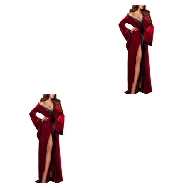Sonducket Poliéster Mujer Camisón Cárdigan Color sólido Encaje Elegante Invierno Otoño Manga larga Hotel Dormitorio Ropa de dormir 2piezas