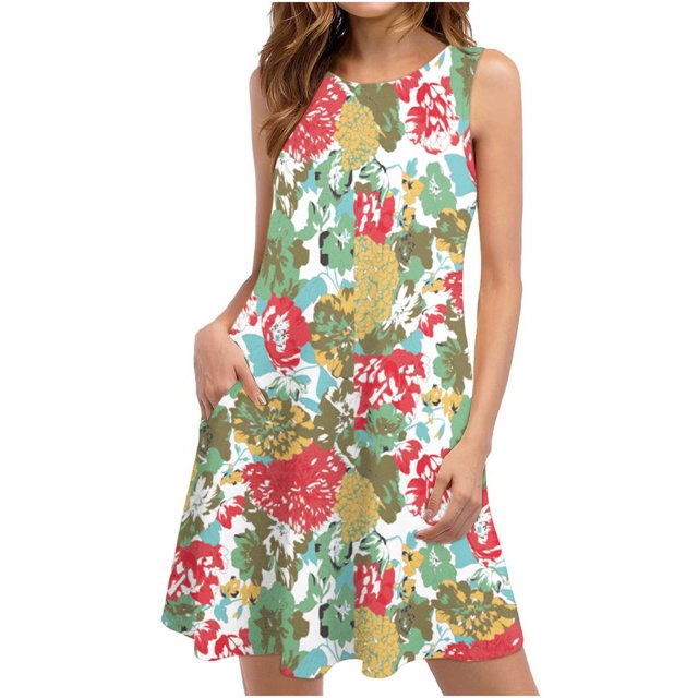 Robes de Plage Femmes Été Robes d'Été Femmes Plage Floral Sans Manches Robe d'Été Décontractée Poches Robe Bohème Robe T-Shirt Femmes Été Robe Florale pour Femmes Été Robe Bohème pour Femmes