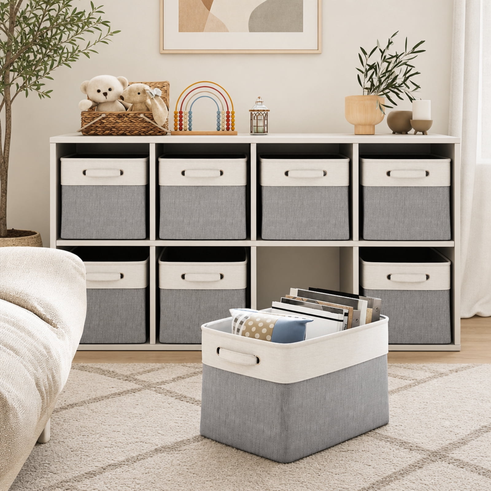 Fenbeli Fabric Storage Baskets Set of 4 Foldable Storage Bins with Handles for Shelf and Closet, Gray White