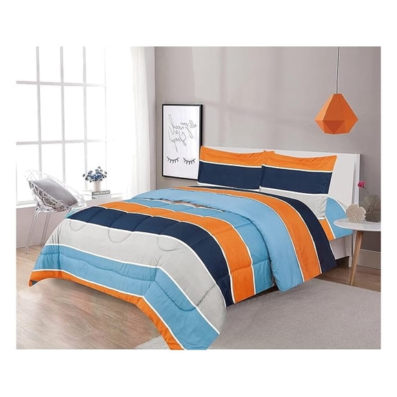 Full Size Comforter Set 3 Piece - Striped Navy Orange Gray - Kids Teens Bedding with Shams