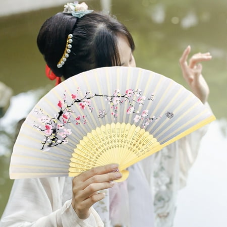 

Mairbeon Chinese Fan Floral Print One Piece Strong Flexibility No Burr Decorate Faux Silk Unique Gift Bamboo Folding Fan for Festival