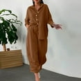 thumbnail image 2 of Lisingtool Women 2 Piece Retro Plus Size Cotton And Shirt Suit High Waist Slacks Suit Top Pants Long Sleeve Brown, 2 of 6