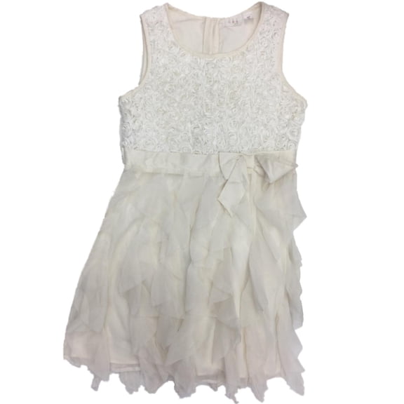 Girls Cream White Tulle Rose & Ruffle Formal Party Flower Girl Easter Dress