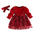 thumbnail image 3 of SUYIDA Girls Velvet Mesh Long Sleeve Dress, Ruffle Bow Sash with Matching Hairband, Elegant Holiday Party Wear for Kids, 3 of 6