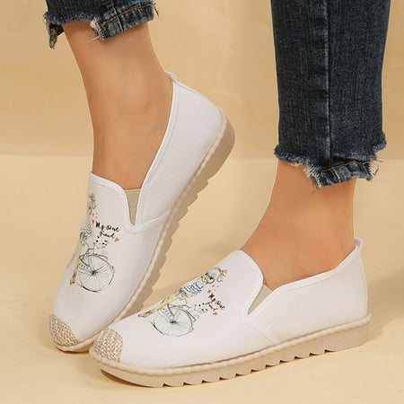 

Aayomet Arch Support Beach Flip Flops Fashion Women Cartoon Print Canvas Autumn Weave Flat Slip On Round Toe Leisure Shoes White 8