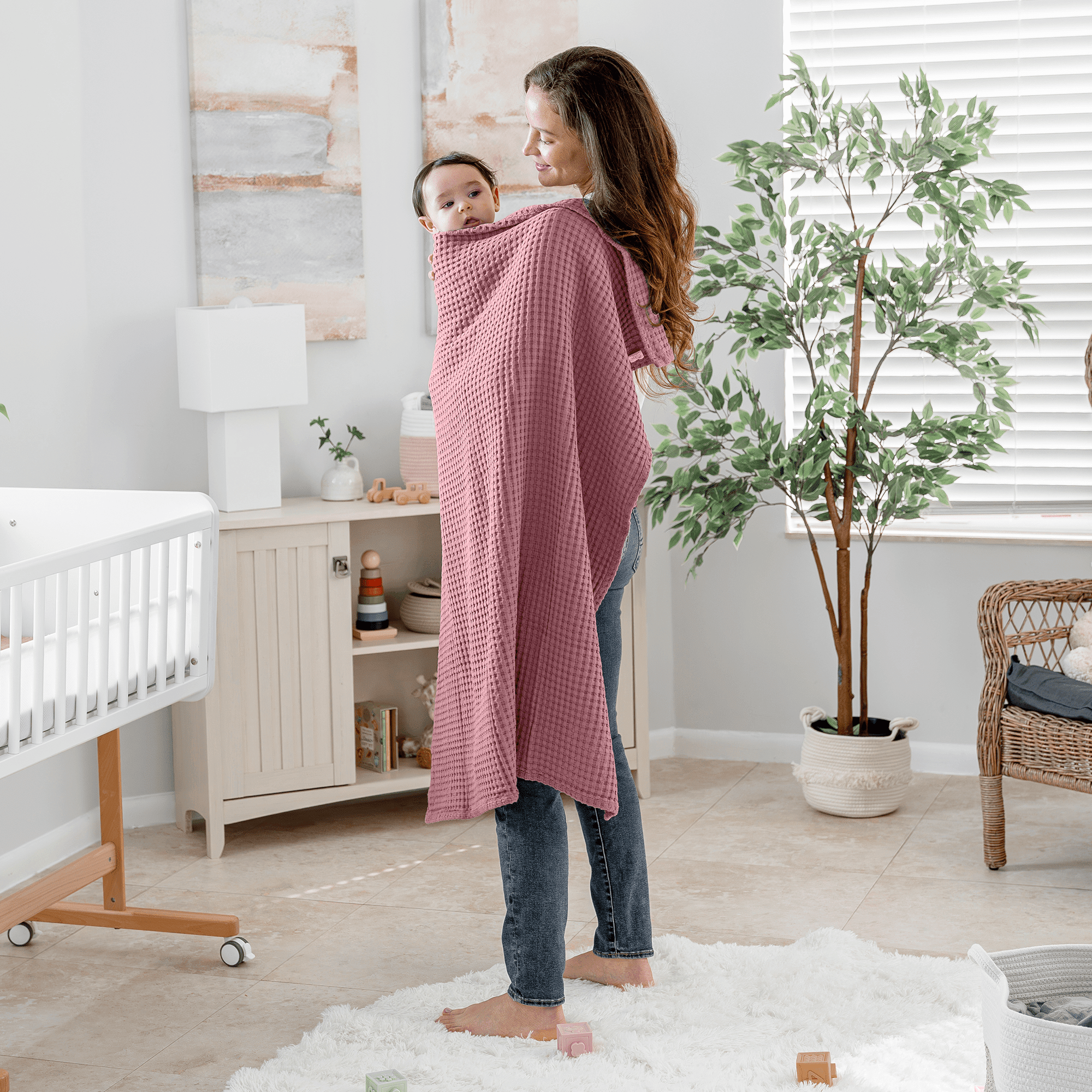 Comfy Cubs Waffle Weave Blanket - 40” x 40” - 100% Cotton Soft, Lightweight Baby Blanket, Mauve