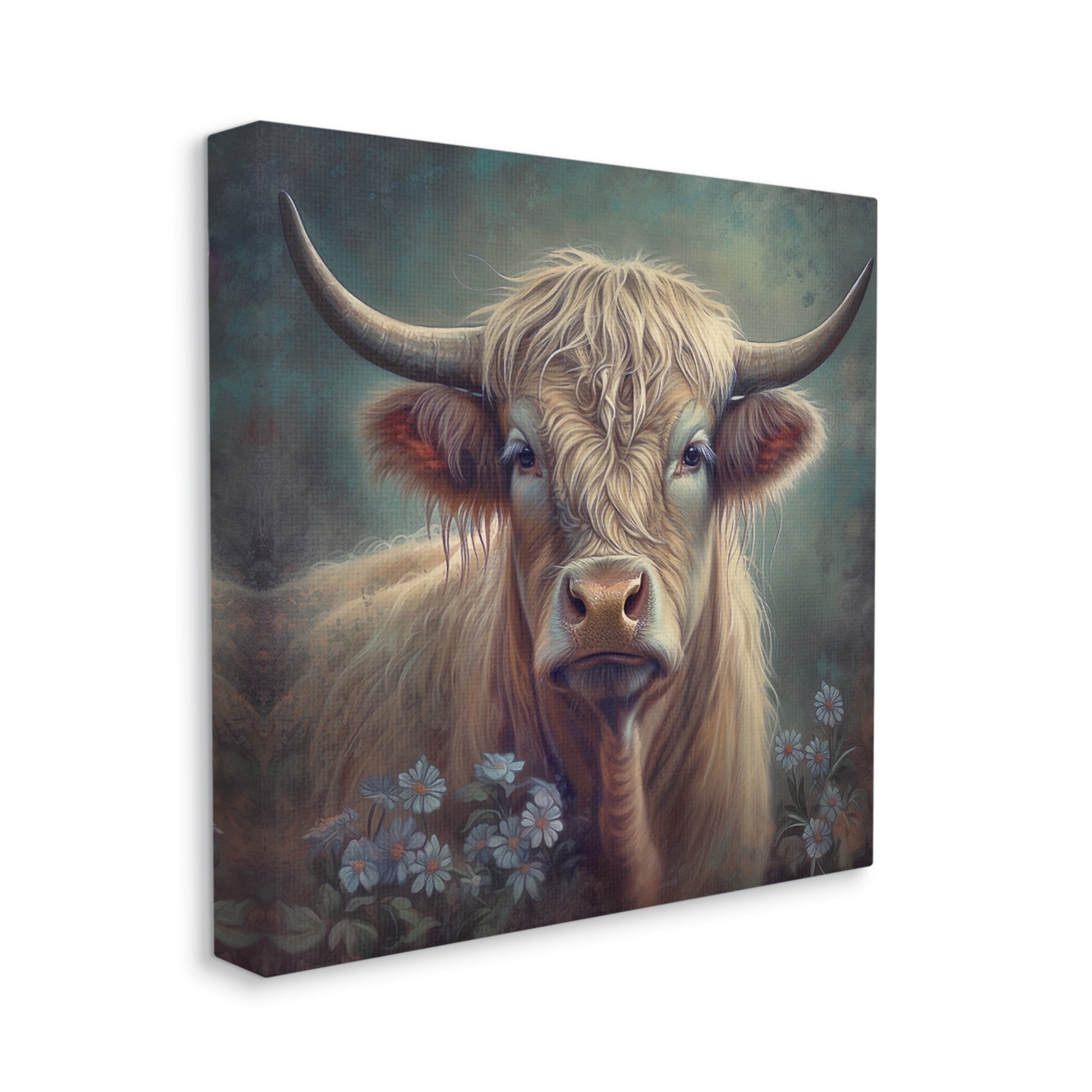 Stupell Industries Highland Cow with Daisies Animals & Insects Painting Gallery Wrapped Canvas Art Print Wall Art, 17 x 17