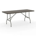 thumbnail image 2 of Emma + Oliver 6-Foot Bi-Fold Brown Wood Grain Plastic Folding Table with Carrying Handle, 2 of 15
