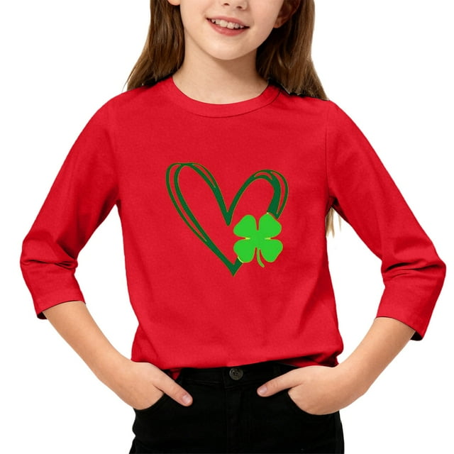 T-Shirt de la Saint-Patrick pour Filles, Mignon T-Shirt Graphique à Manches 3/4 Col Rond avec Imprimé Irlandais, Hauts Décontractés Printemps Été pour Vacances, Fête d'Anniversaire et Usage Quotidien Rouge 160