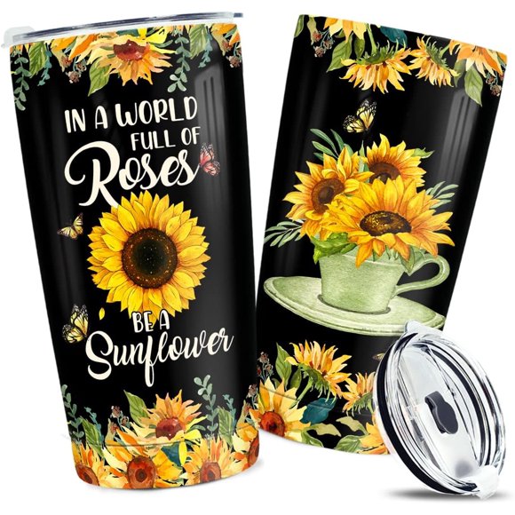Cadeau Inspirant Gobelet Tournesol Inspirant 20oz Isolé Floral Gobelets en Acier Inoxydable avec Couvercle Tasse de Voyage pour Café Anniversaire Noël Fête des Mères Tasse Cadeau pour Femmes Filles