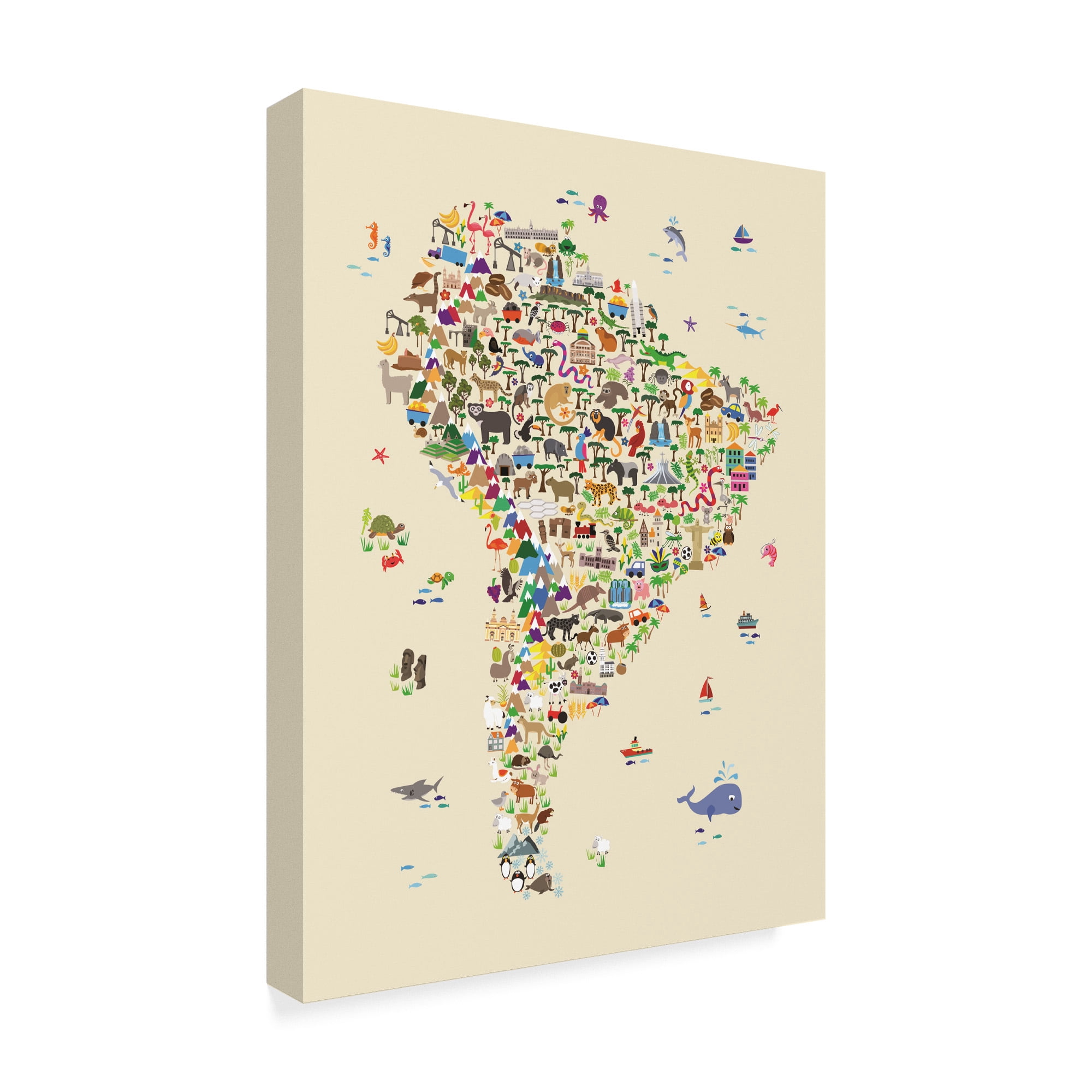 Trademark Fine Art 'Animal Map of South America for children and kids Beige' Canvas Art by Michael Tompsett