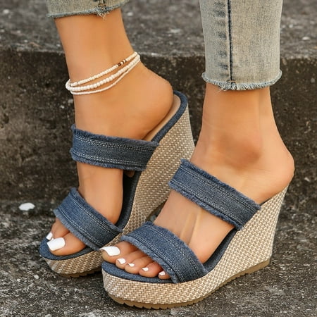 

WZJuhiie Women s Summer Fashion Open Toe Thick Bottom Slope Heel Denim Sandals Slippers Casual Comfortable Out Beach Slippers