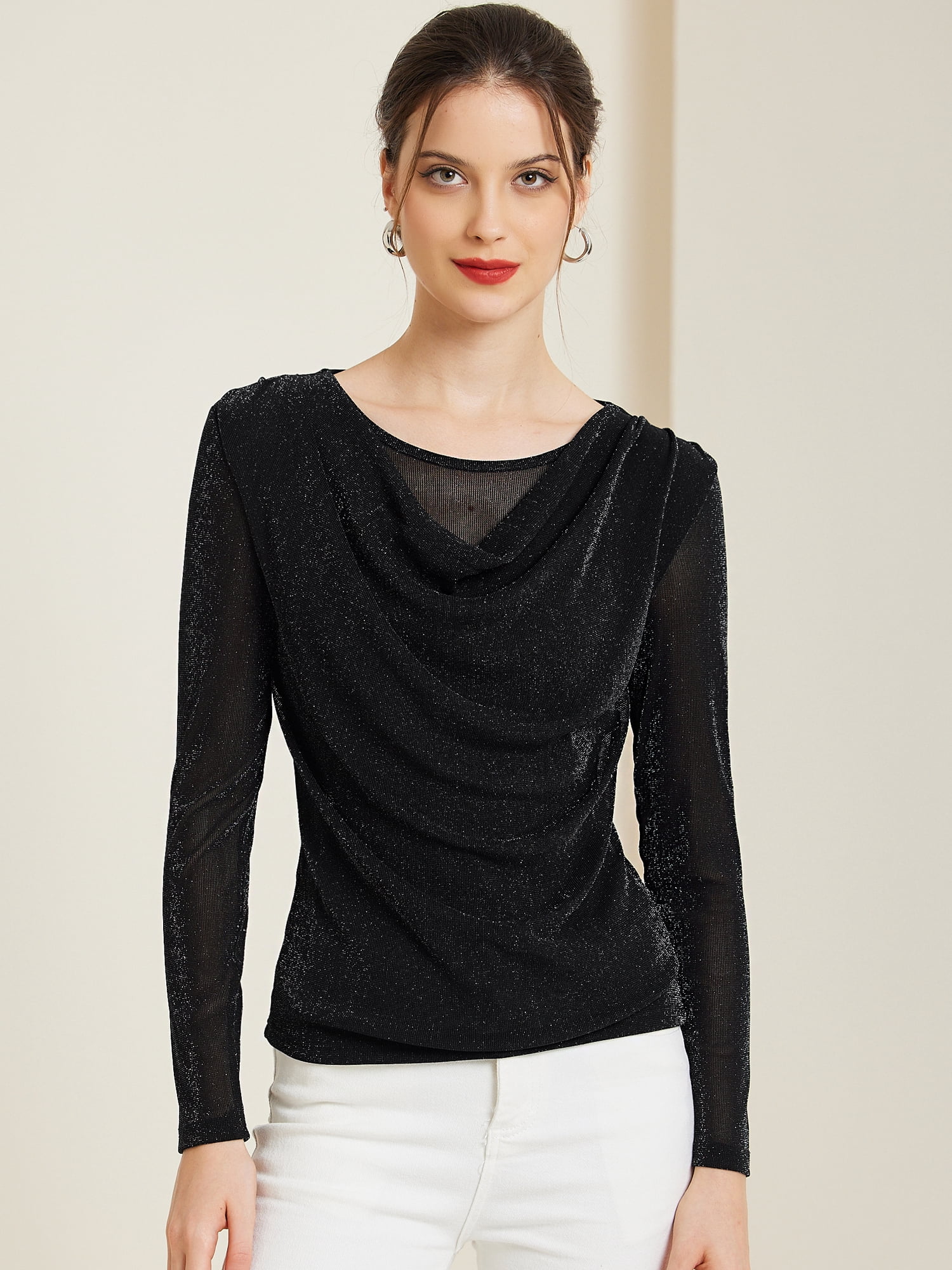 DARING DIVA Women's Ruched Cowl Neck Long Sleeves Glitter Tops S Black