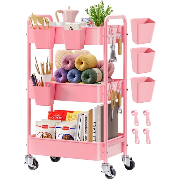 Carrito rodante Aofure de 3 niveles metálico con ruedas bloqueables rosa