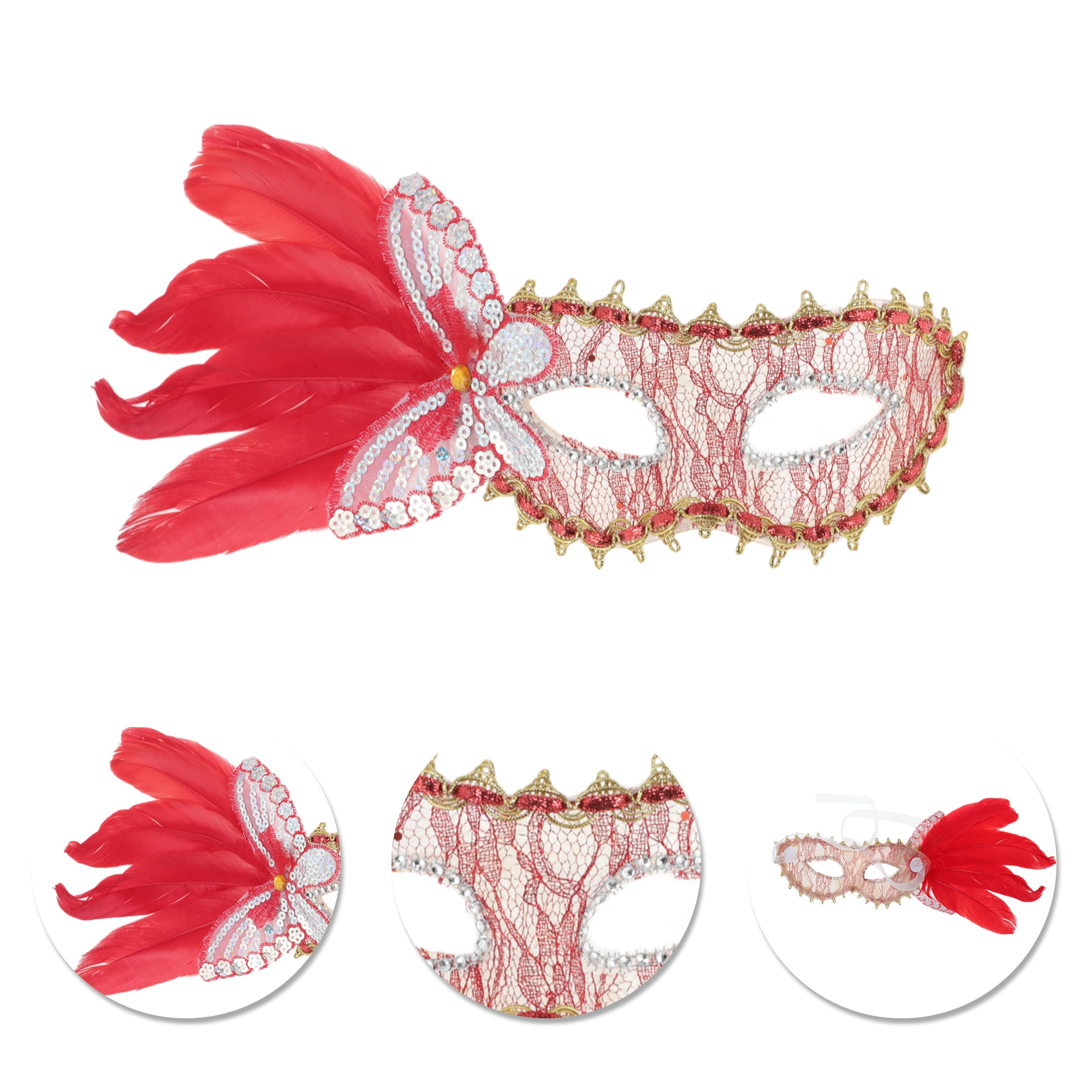Unique Bargains Elegant Side Feather Masquerade Half Face Party Mask Red
