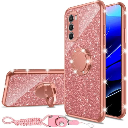 nancheng for Moto G Stylus 5G 2022 Phone Case, Motorola G Stylus 2022 5G Case Luxury Cute Soft TPU Silicone Glitter Cover for Women with Ring Kickstand Bumper Shockproof Protective Case - Rose Gold
