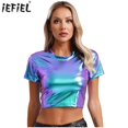 thumbnail image 2 of Camiseta de manga corta con cuello redondo metálico brillante para mujer, Top corto con brillo brillante, Top de baile en barra, trajes Rave a la moda, ropa para discoteca, 2 of 5