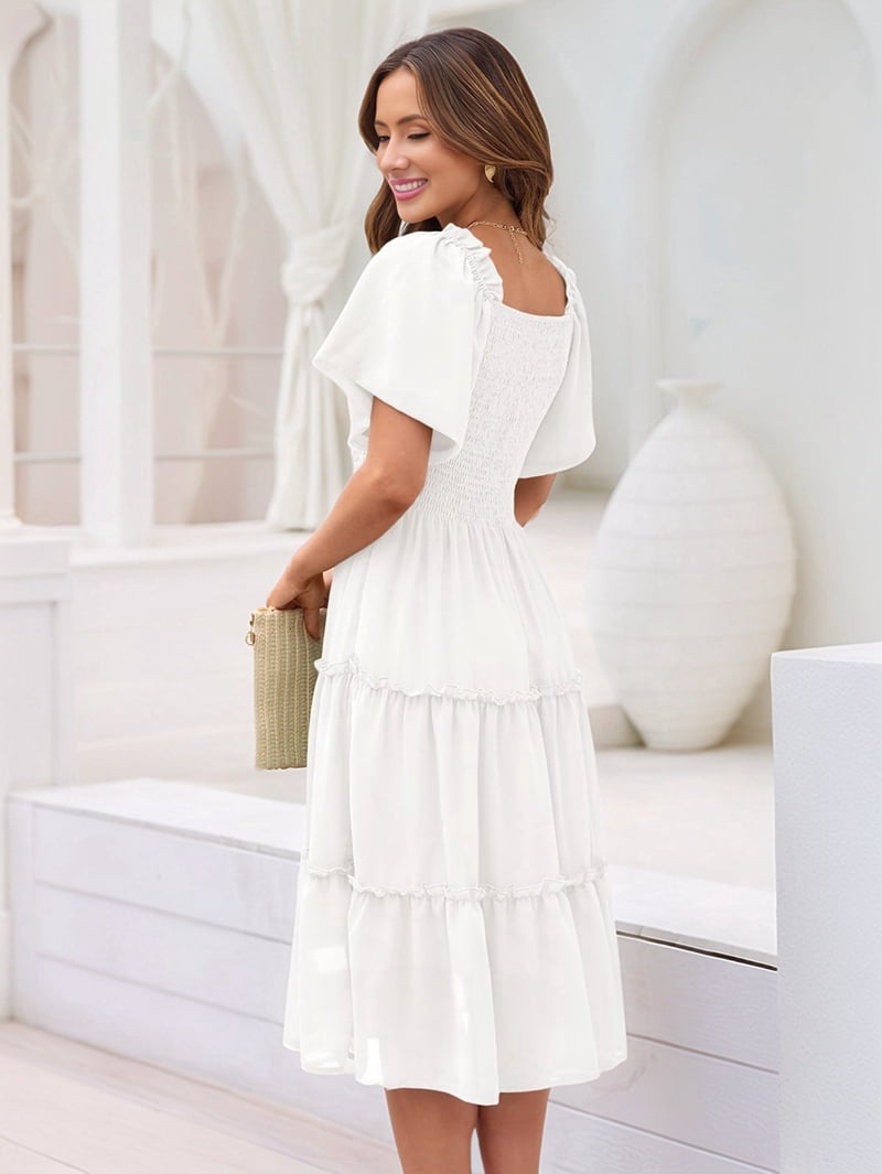 Women'S Summer Casual Flutter Sleeve Square Neck Smocked Midi Dress White XL