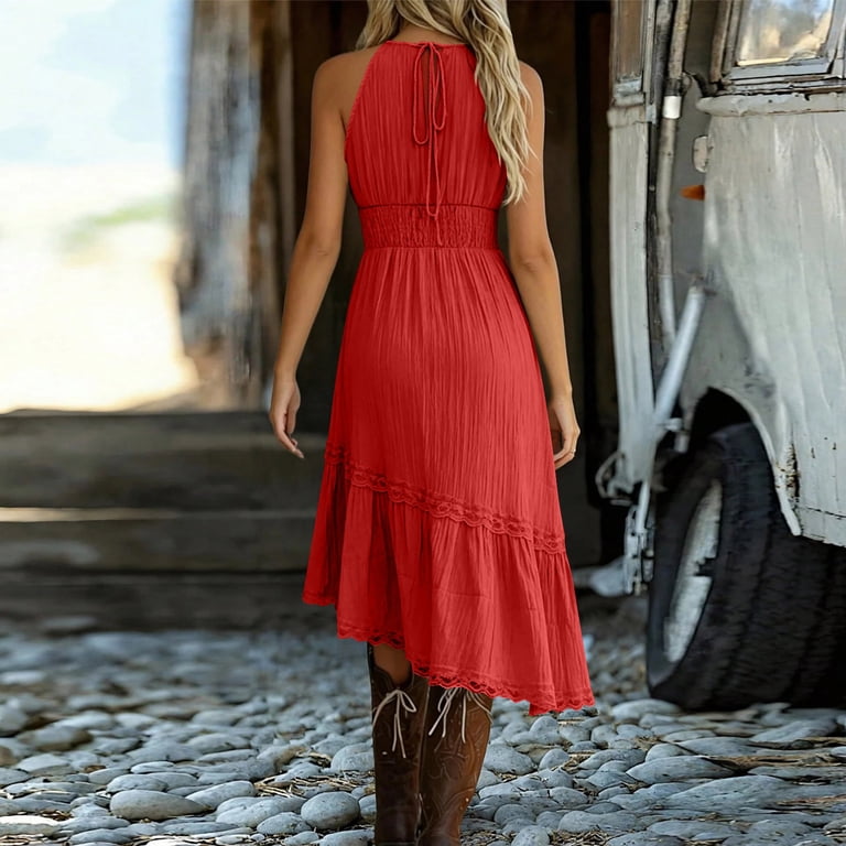 red halter dress casual Efsteb Women's Halter Neck Eyelet Lace Midi Dress Side Slit Sleeveless Long Dress for Summer Beach Vacation Boho Casual (Red,S), Size: Small, Green