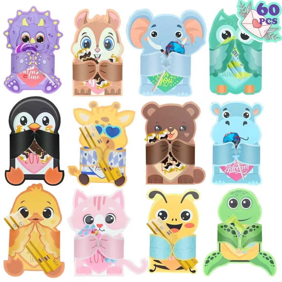60Pcs Valentine’s Day Cards for Kids, Animal Design Valentine Greeting Cards with Candy Holder, Cute Classroom Valentine Exchange Cards, Valentines Day Cards for Kids School
