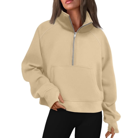 Satingcolo Half Zip Pullover Women Fall 2026 Oversized Stand Collar Cropped Sweatshirt Casual Quarter Zipper Hoodies,Khaki 2XL