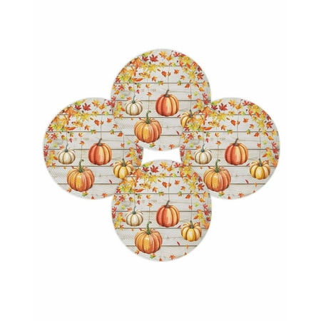 Fall Round Placemats Set of 4 Orange Pumpkin Place Mats Thanksgiving Woven Placemat Fallen Maple Leaves Autumn Wood Circle Braided Table Mat for Kitchen Dining Table Autumn Party Home Decor 15 Inch