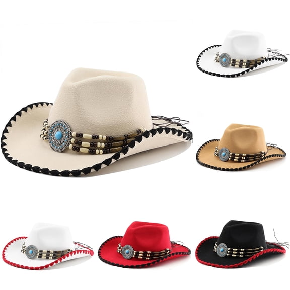 XIAOCHA Turquoise Accent Cowgirlhat Womens Beaded Trimming Cowboy Hats Rodeo Wide Brim Western Hat,Beige