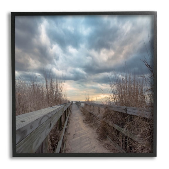 Cloudy Coastal Boardwalk View Coastal Photograph Black Framed Art Print Wall Art