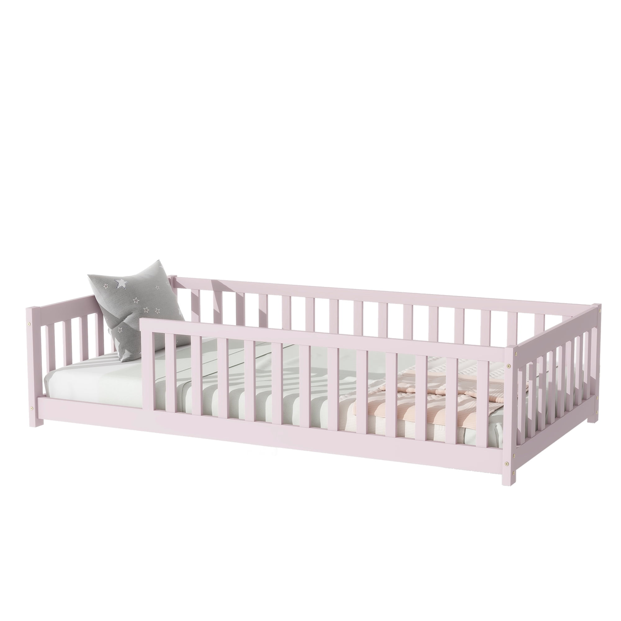 Sailvan Twin Floor Bed with Safety Guardrails,Solid Rubber Wood Fence Kids Bed Frame Pink