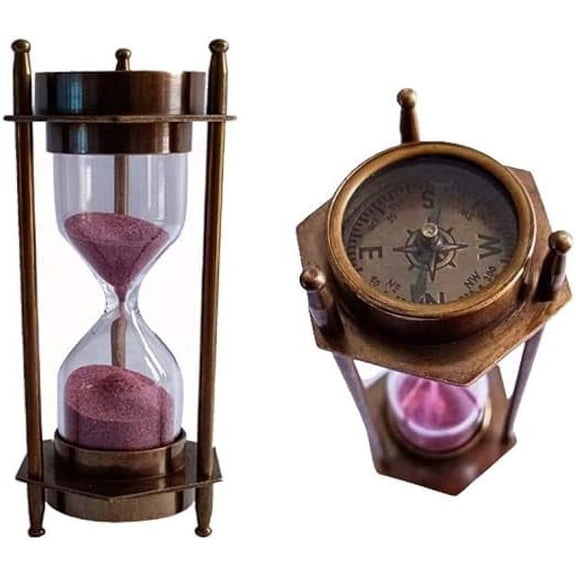 5" Decorative Brass Sand Timer Hourglass with Antique Maritime Brass Compass Rustic Vintage Home Decor Gifts