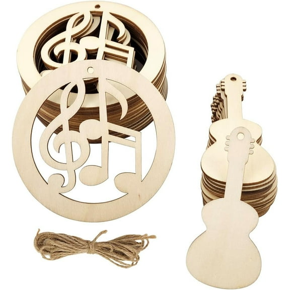 24 Pack Wood Music Note & Guitar Cutouts Music Themed Hanging Ornaments Unfinished Music Decoration Craft Gift Tags for Home Party Decoration Craft Project