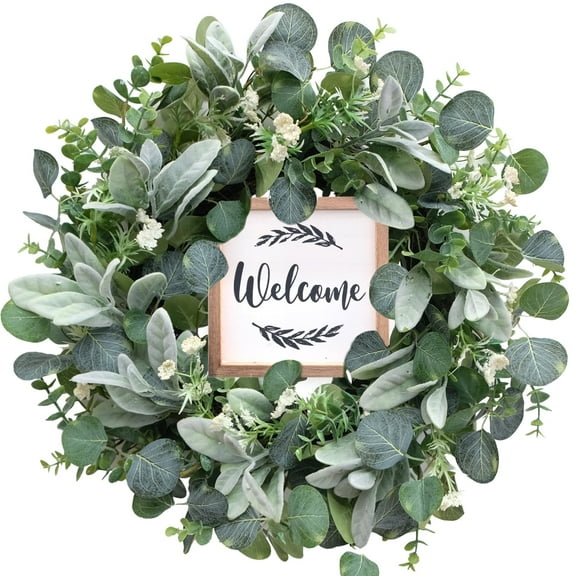 Idyllic Decorative Artificial Spring/Summer Door Wreath with Welcome Sign, Green, 1