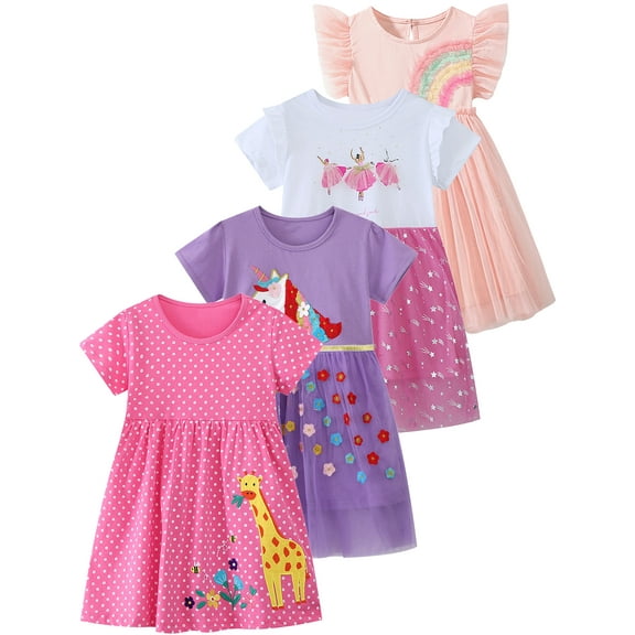 WIBACKER 2-7T Little Girl Short Sleeve Dress Dot Giraffe Cotton Casual Applique Tunic Shirt Dresses