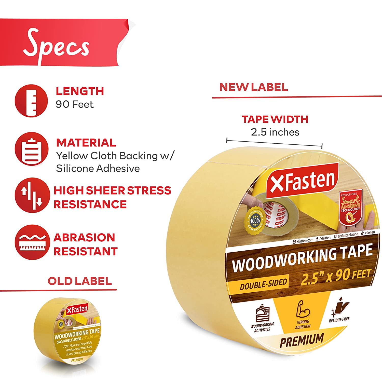 XFasten Double Sided Woodworking Tape w/Yellow Backing 2.5 x 30 yds