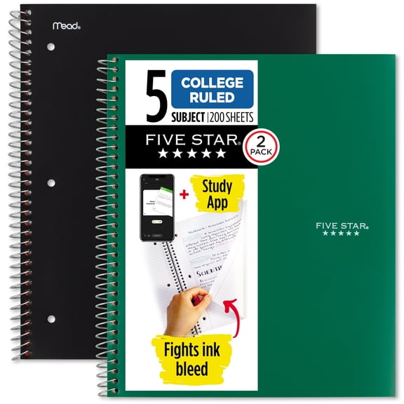 Five Star Spiral Notebook Study App, 5 Subject, College Ruled, 8.5" x 11", 2 Pack