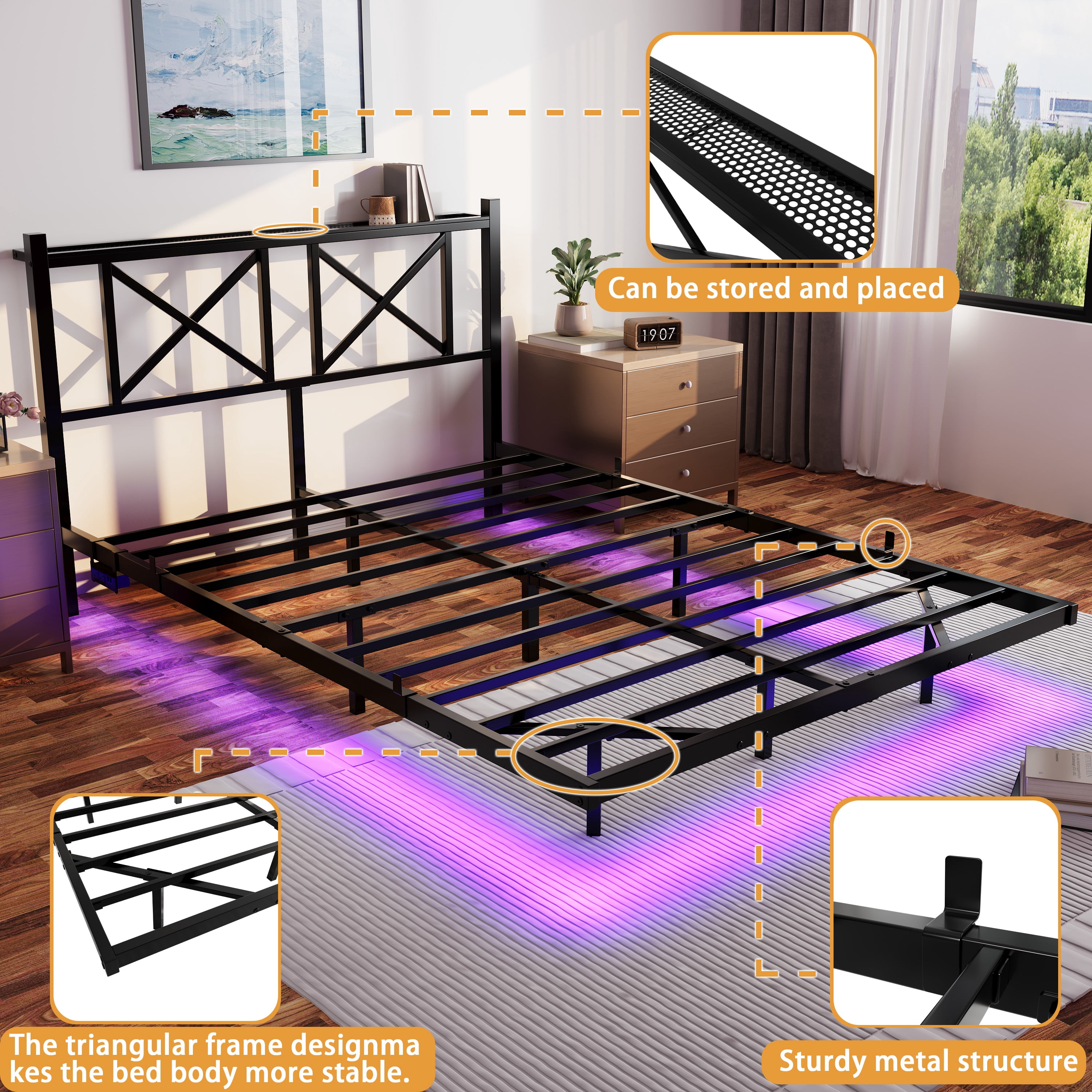 Miniyam Queen Size Floating Metal Platform Bed with RGB LED Lights, Storage Headboard with AC & USB Charging Ports, Black