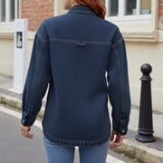 SwiftWear Cropped Washed Denim Jacket Shirt for Women with 2 Pockets – Relaxed Fit Button Down Trendy Short Shacket, Dark Blue