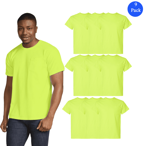 Gildan High Visibility T-Shirt, Men's Short Sleeve Pocket Tee, 9 Pack, Safety Green Work Shirt, S