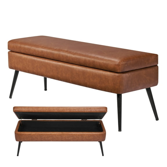 KFFKFF 40" Leather Ottoman Bench, Upholstered End of Bed Bench with Metal Legs, 660 Lbs Capacity, Decorative Entryway Bench with Storage