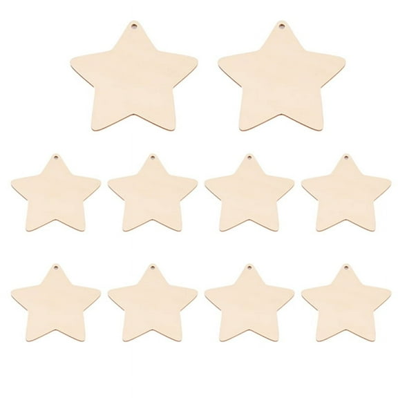 10 x Wooden Star Shapes, Plain Wood Craft Tags with Hole (10cm)