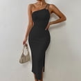 thumbnail image 4 of Laklulu - Vestido midi ajustado con dobladillo dividido y abertura con cordón y un solo hombro para mujer, negro, XL, 4 of 6