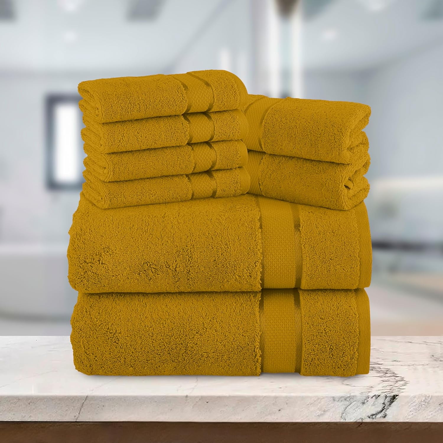 Cotton 8-Piece Towel Set, Includes 4 Washcloths, 2 Hand Towels and 2 Bath Towels, 100% Turkish Cotton - Highly Absorbent and Super Soft Towels for Bathroom, Gold