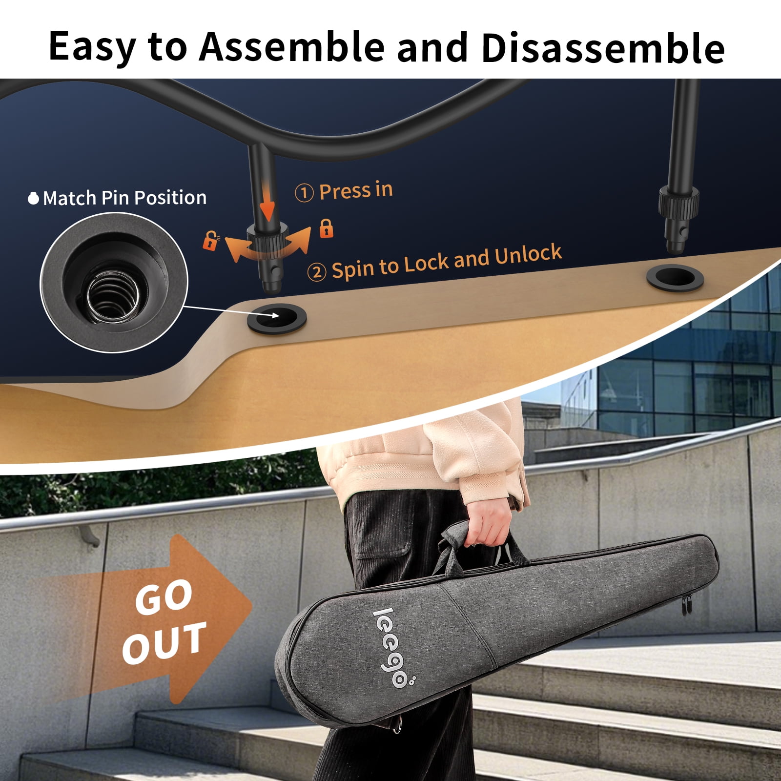 Compact Electric Guitar, Small Lightweight Headless Guitar for Travel and Practice, Portable Solid Body Easy Assemble Stands wtih Gig Bag, Natural