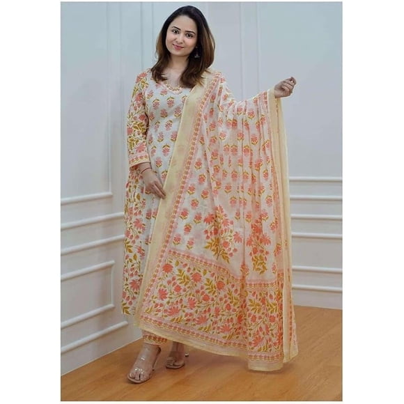 Aizza Trends Women's Cotton Febric Printed Straight Kurti With Afghani Pant and Dupatta Set