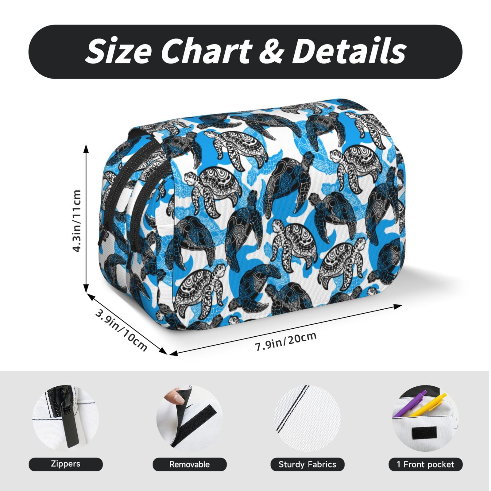 Rateoe Sea Turtle Life Pattern Double Clamshell Pen Case, Storage Organizer with Two Zipper Compartments– Holds Up to 50 Pencils & Pens
