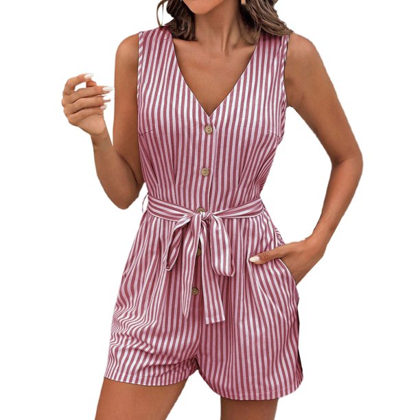 Mono sin mangas con cuello en V y cinturón para atar en la cintura para mujer - Mono informal para vacaciones - Conjunto de rayas para primavera y verano - Tallas S-XL