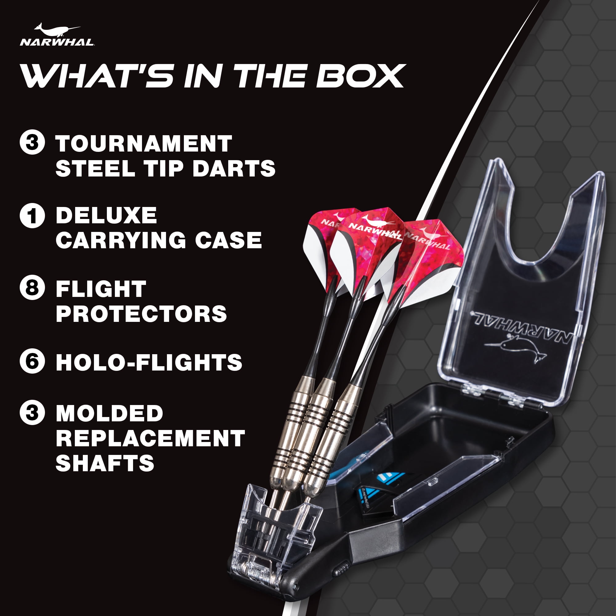 (3 pack) Narwhal Tournament Steel Tip Dart Set for Bristle Dartboards, 22g, 7 in. - 3 Pack with Carry Case