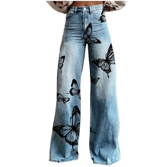 Tnhcen Women's Abstract Floral Print Denim Pants Straight Leg