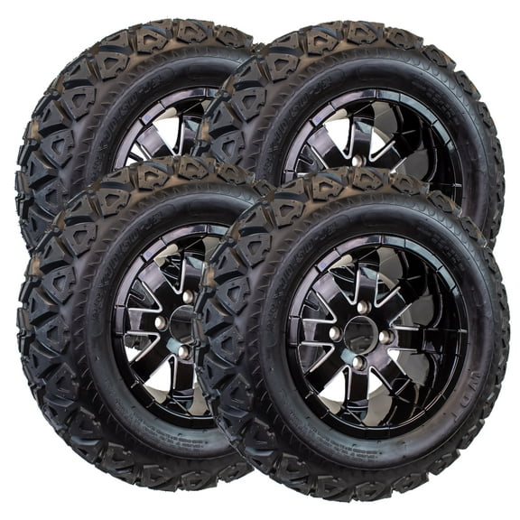 4-Pack 23X10.50-12 Golf Cart ATV Offroad Tire On 12X7 Gloss Black Rim B4 All Terrain Mud Turf